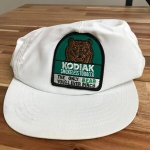 Vintage 80s Mack Kodiak Tobacco Hat Cap Patch Logo White Snapback USA *